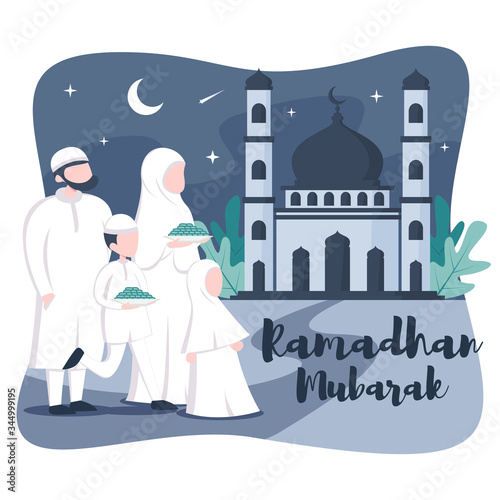 Ramadan illustration with Muslim family go to mosque together