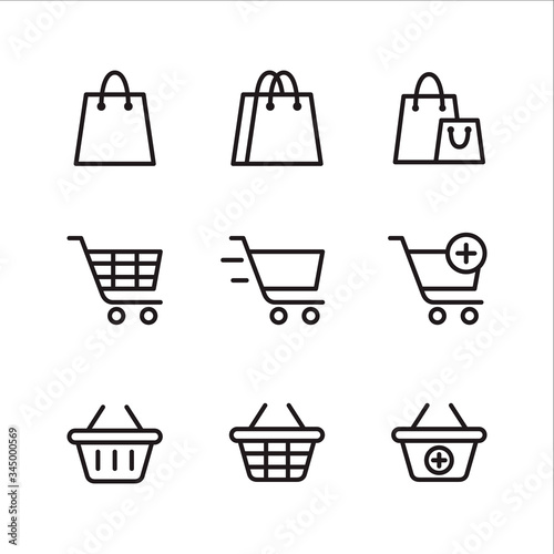 Set of shopping vector line icons. Contains such icons as shopping bag, shopping cart, and basket. Suitable for website design, template, and ui. Editable stroke.
