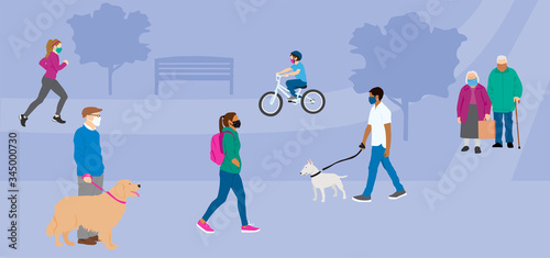 People wearing protective face masks, walking or doing activities outside during pandemic. Flat faceless vector illustration