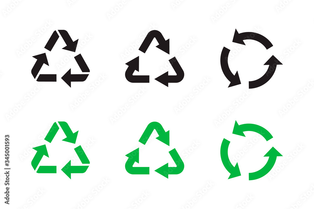 Obraz premium Recycle icon set. Vector graphic illustration. Flat style design. Suitable for website design, logo, app, template. Black and green design.