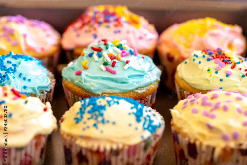 homemade cupcakes with colorful frosting and sprinkles