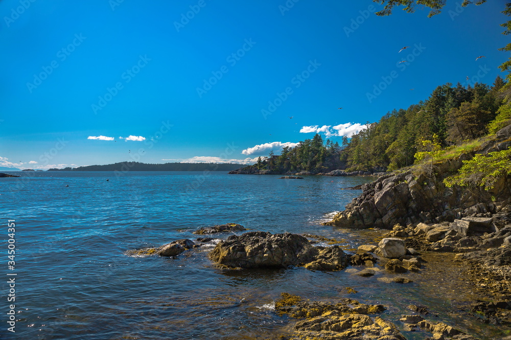 Vancouver Canada, Strait of Georgia,  Bowen Island, rocky shore of  northern sea and wooded islands  against the background of mountain range and blue cloudy sky 
