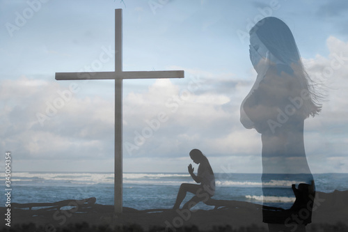 Fotografie, Obraz Sad crying woman praying to god. Christian faith.