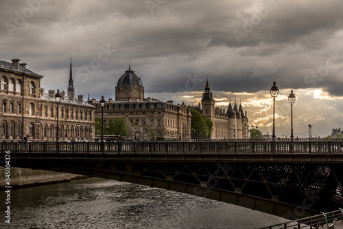 Paris, France - April 28, 2020: Panoramic view of the Conciergerie, the Hotel Dieu and the bridges over the Seine during the containment measures due to the coronavirus