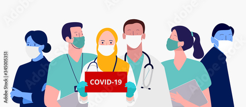doctors and nurses warn the danger of corona virus. modern flat cartoon illustration perfect for web website banner poster flyer.