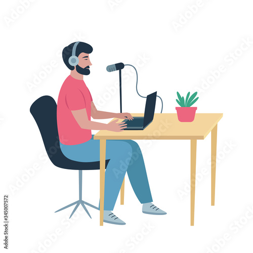 Podcast at studio. Male radio host, streamer, blogger. Man in headphones with laptop talking at the table. Broadcasting, podcasting vector illustration for website, web banner, etc