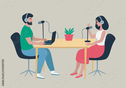 Podcast at studio. Male radio host interviewing female guest on radio station. People in headphones talking at the table. Broadcasting, podcasting vector illustration for website, web banner, etc