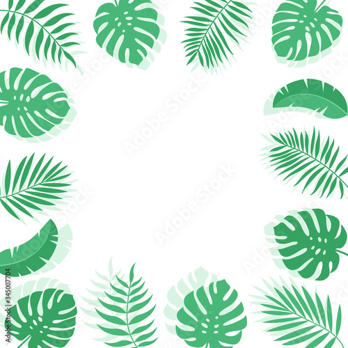 Summer vector background with tropical leaves and plants branches. Exotic background. Flat style vector illustration 