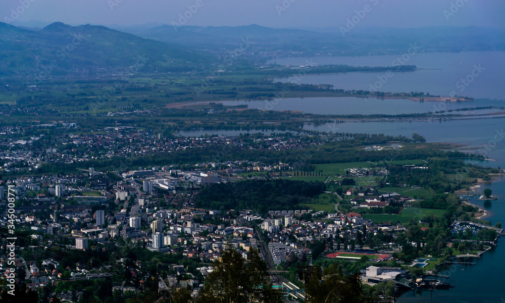 Aerial view of the Austrian city of Bregenz, on the shore of Lake Constance (Bodensee) - view from a mountain top