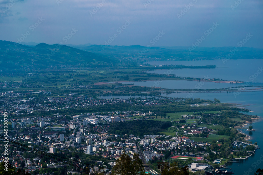 Aerial view of the Austrian city of Bregenz, on the shore of Lake Constance (Bodensee) - view from a mountain top
