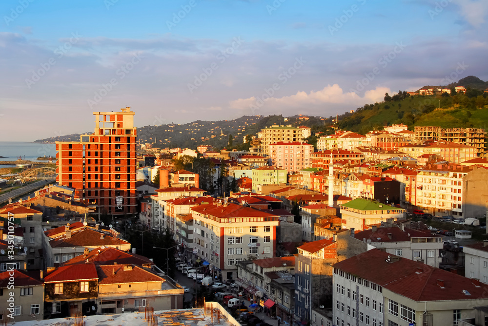 TRABZON, TURKEY - SEPTEMBER 24, 2009: City, General View, Buildings, Mosque, Green Hills and Clouds. Of District