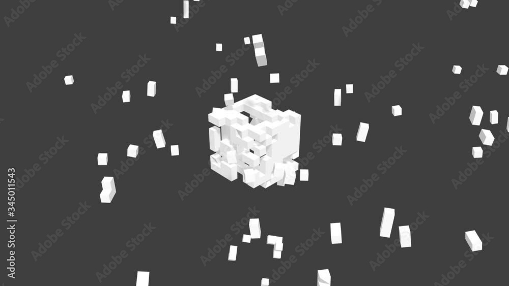 White cubes exploding in slow motion on gray color background. Abstract 3D rendering.
Boxes animation on space. Movement of blocks.