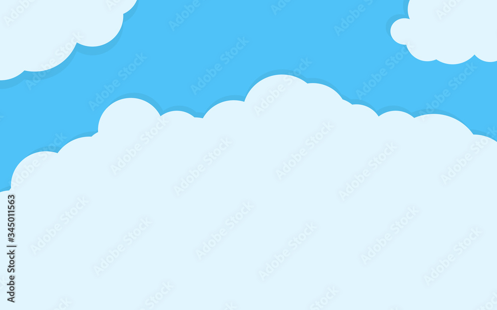 Cartoon blue sky background flat cartoon style. Cover air effect with border of white clouds. Cloudy scene abstract backdrop text box for poster, flyer, postcard, web, banner. Vector illustration
