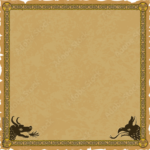 Ornate medieval fantasy frame with a knot pattern, a dragon head and a griffin head on a square parchment background.