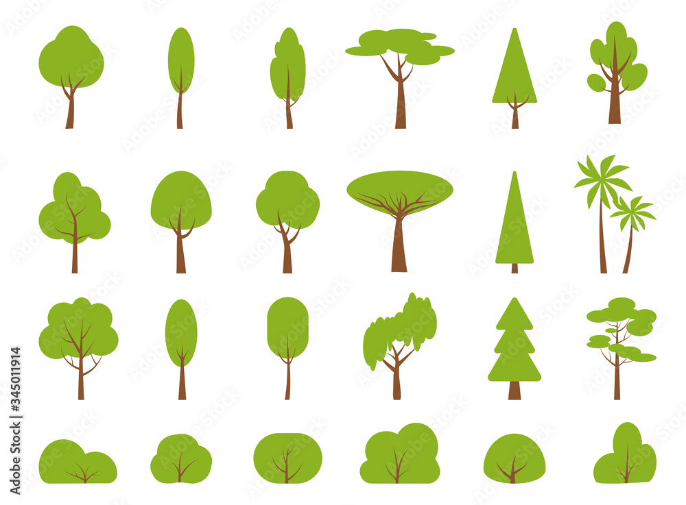 Green spring cartoon trees, bushes flat icon set. Simple different shape eco organic plant sign. Summer season forest, park, garden oak, birch, fir, palm, symbol. Isolated on white vector illustration