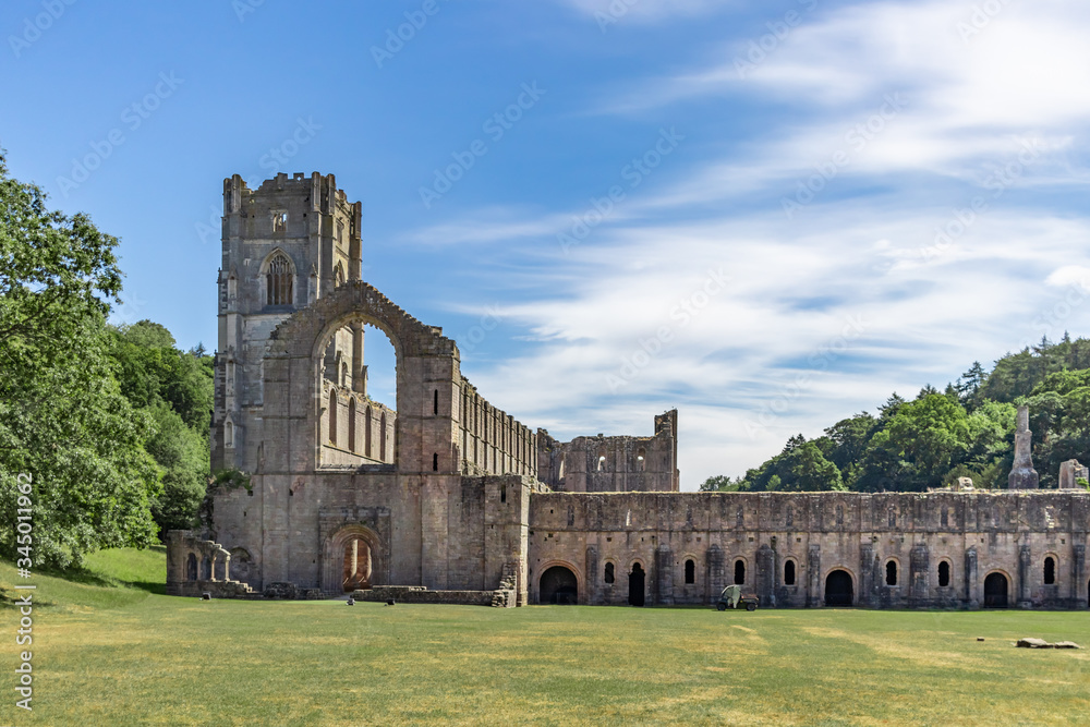 Historic Fountains Abbey and Studely Royal on a warm summer day.