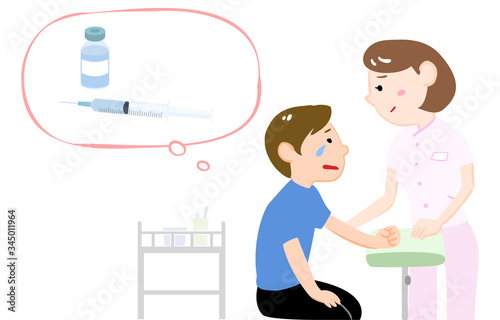 注射を怖がる男の子と女性看護師のイラスト