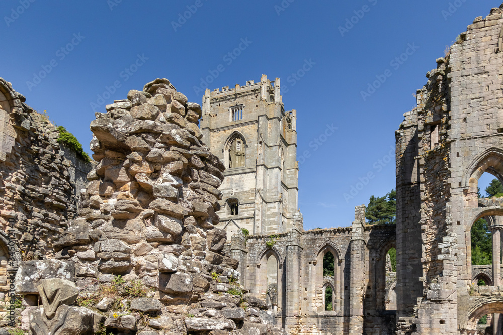 Ancient cathedral ruins of Fountains Abbey and Studley Royal.