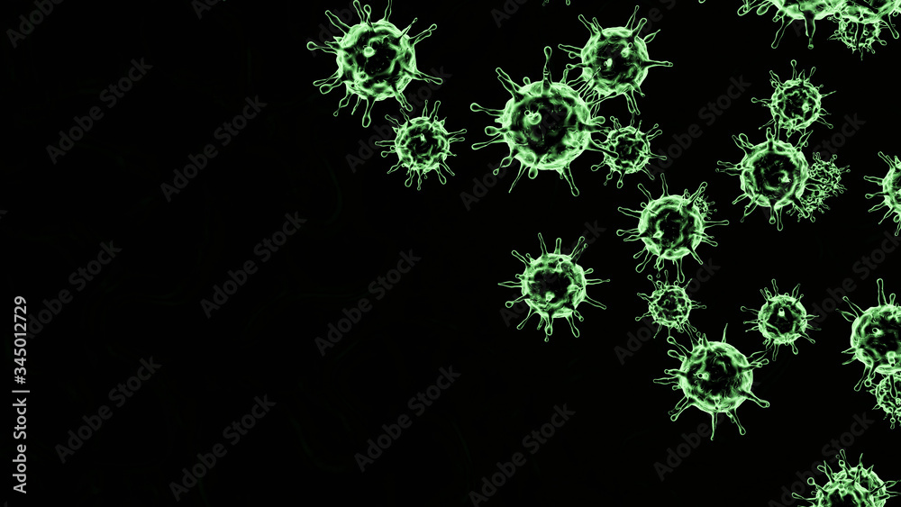 Black 3D rendering on black background outbreak of coronavirus and flu background dangerous concept of pandemic medical health risk with disease cells