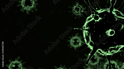 Black 3D rendering on black background outbreak of coronavirus and flu background dangerous concept of pandemic medical health risk with disease cells