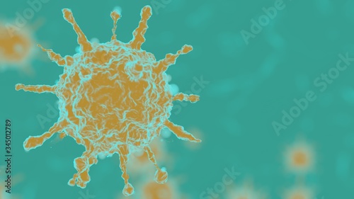 Yellow 3D rendering on a turquoise background outbreak of coronavirus and background flu dangerous concept of pandemic medical health risk with disease cells