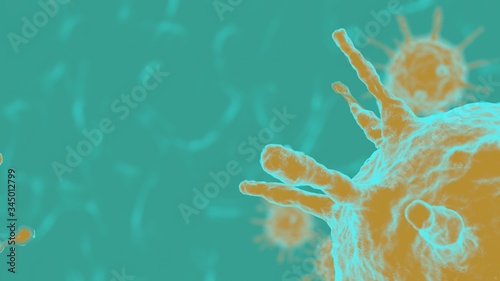 Yellow 3D rendering on a turquoise background outbreak of coronavirus and background flu dangerous concept of pandemic medical health risk with disease cells
