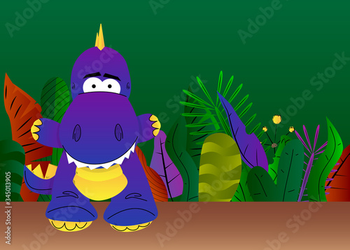 Cute Tyrannosaurus Rex with plants on the background, abstract leafs. Vector illustration.