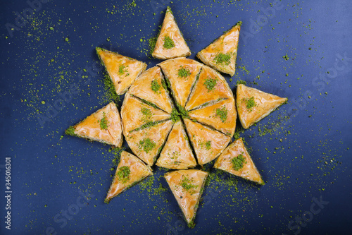 circle Baklava slices Turkish ramadan Dessert with blue background