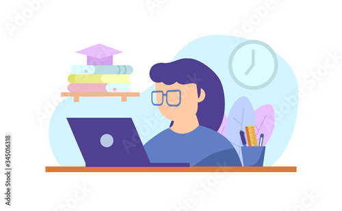 female on the laptop. work and study on the desk. online learning. work from home. Freelance working with glasses.