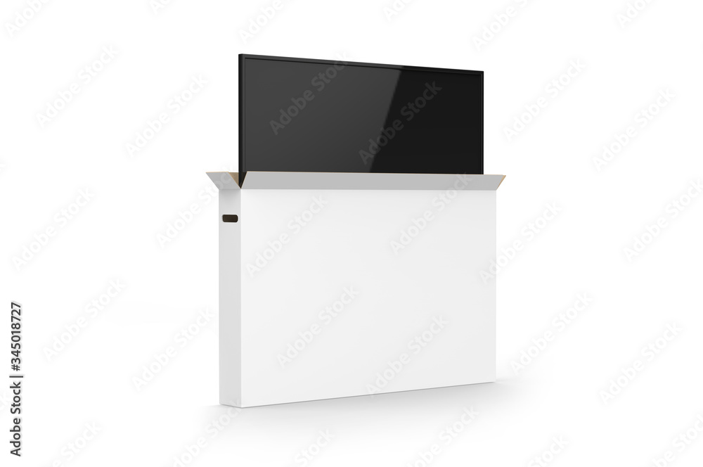 LED tv with heavy duty cardboard box packaging for branding, 3d render illustration.