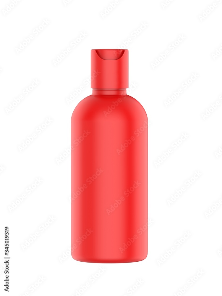 Blank cosmetic bottle with disc press cap for branding and mock up, 3d render illustration.