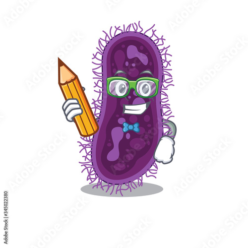 A brainy student lactobacillus rhamnosus bacteria cartoon character with pencil and glasses