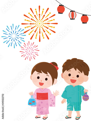 夏祭り　花火を見上げる男の子　女の子　イラスト
