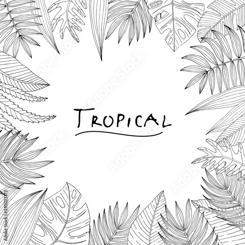 Poster with ornament, frame border, hand drawn tropical or forest leaves of black skeich on a white chalkboard background, oval or ovoid type. Vector composition isolated on a white background