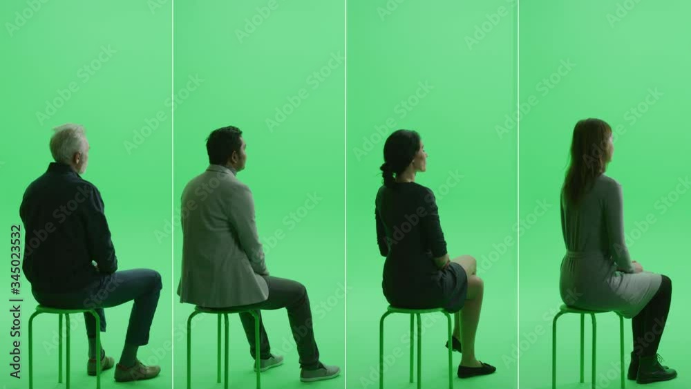 4-in-1 Green Screen Collage: Two Men and Two Women Sitting on the Chroma Key Chair. Side View Full Split Screen Shot. Conference, Audience Concept. Multiple Clips Best Value Package