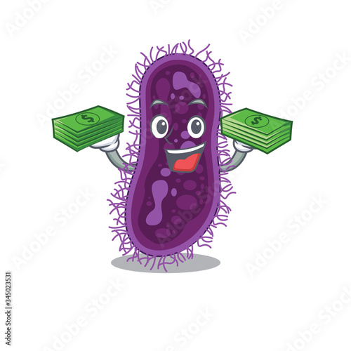 A wealthy lactobacillus rhamnosus bacteria cartoon character having money on hands
