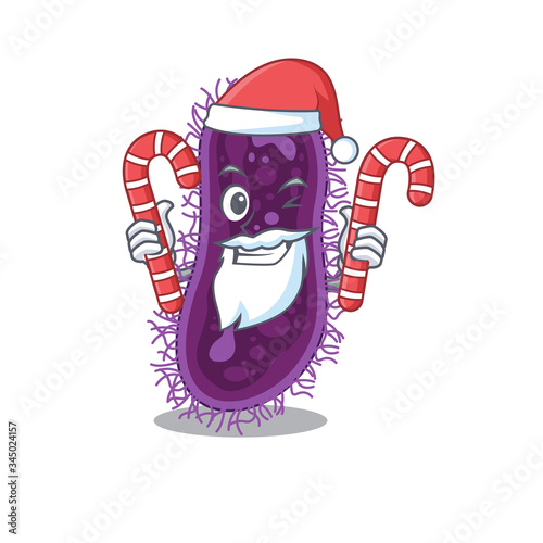 Friendly lactobacillus rhamnosus bacteria in Santa Cartoon character holds Christmas candies photo