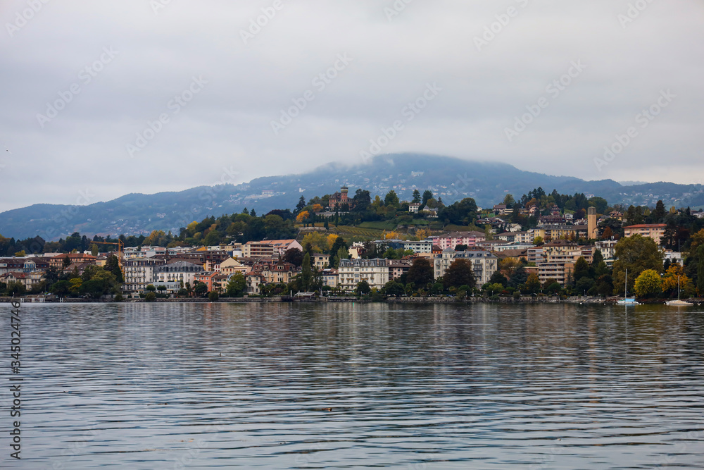 Montreux ,Switzerland-October 23,2019:The nature cityscape and lake view on Lake Geneva in Montreux at switzerland