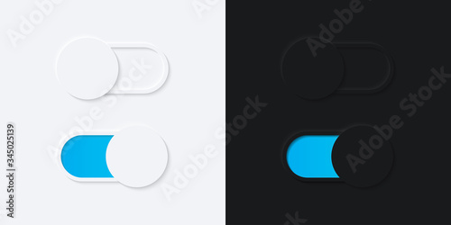 Minimalist Switch Button in Neumorphism Design. White and Black. Simple, modern and elegant. Smooth & soft 3D user interface. Light mode and Dark Mode. For website or apps design. Vector Illustration.