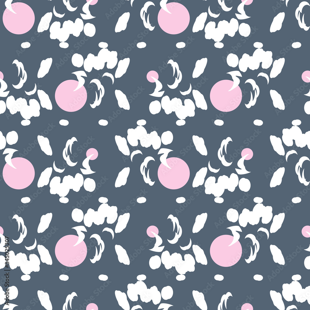 Seamless pattern pink polka dot and white spots on a grey background.