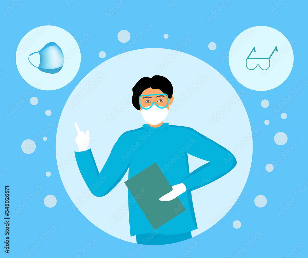 Vector illustration. A doctor in protective gear against COVID-19 coronavirus and encourages their use Vector illustration. A doctor in protective gear against COVID-19 coronavirus and encourages their use
