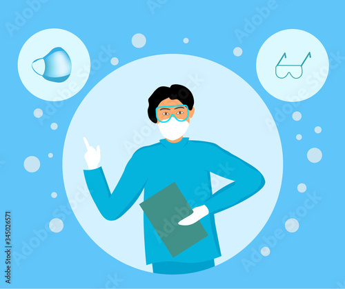 Vector illustration. A doctor in protective gear against COVID-19 coronavirus and encourages their use