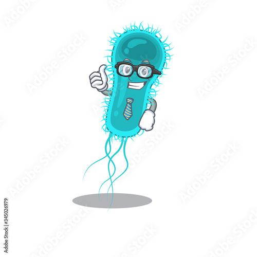 An elegant escherichia coli bacteria Businessman mascot design wearing glasses and tie