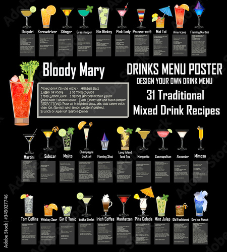 Cocktails and Beverages Menu - Highly realistic glasses & ingredients  - 31 Traditional recipes written by the artist  photo