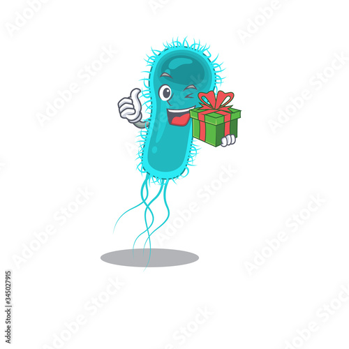 Smiling escherichia coli bacteria cartoon character having a green gift box