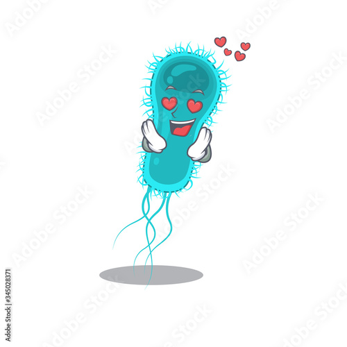 Cute escherichia coli bacteria cartoon character has a falling in love face
