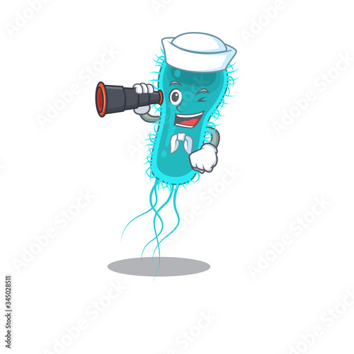 A cartoon icon of escherichia coli bacteria Sailor with binocular