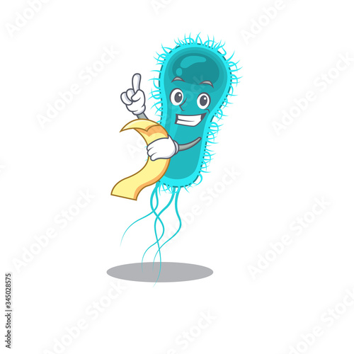Escherichia coli bacteria mascot character design with a menu on his hand