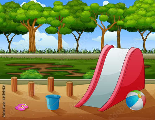 An outdoor scene with slide and toys