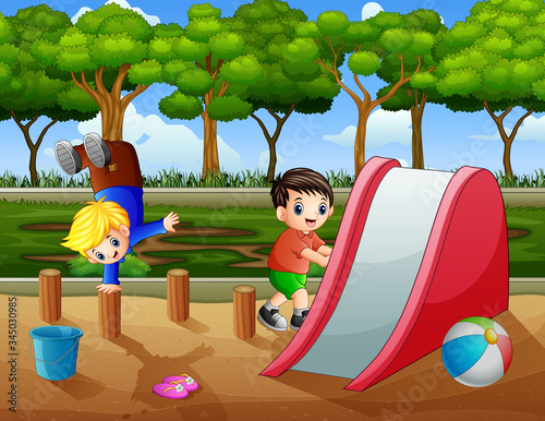 Happy boys playing in the playground